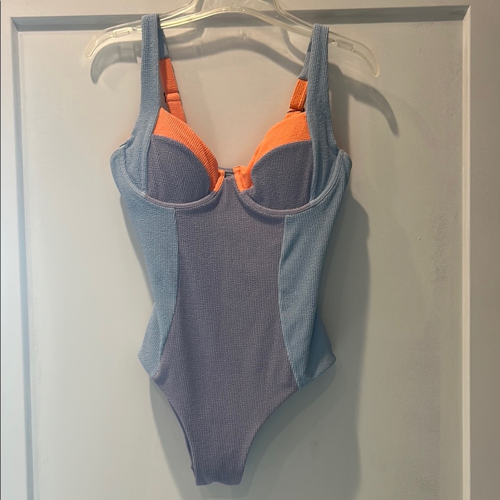 Sporty Blue and Orange One Piece Swimsuit with Adjustable Straps
